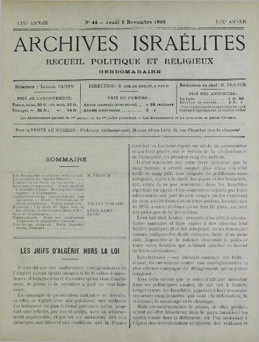 Archives israélites de France. Vol.59 N°44 (03 nov. 1898)